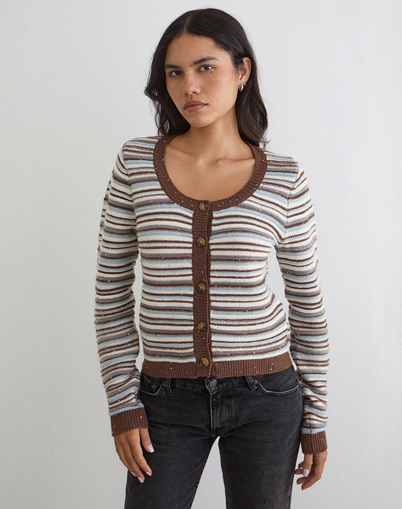 Aniha Long Sleeve Top in Knit Stripe Blue and Brown