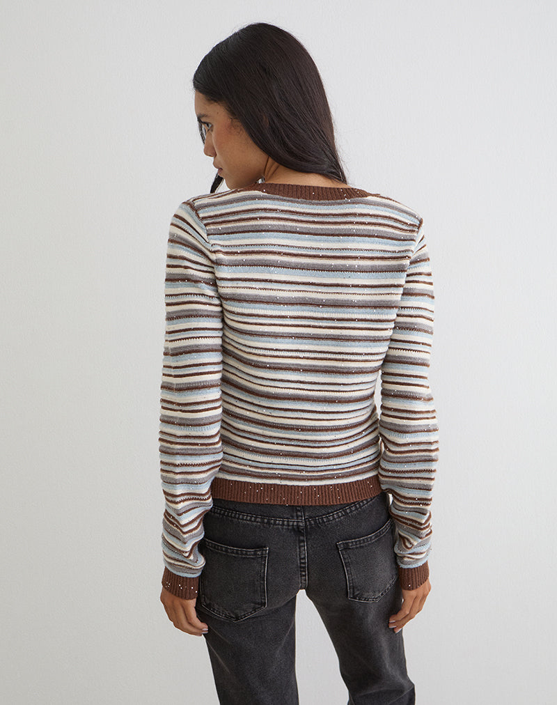 Aniha Long Sleeve Top in Knit Stripe Blue and Brown