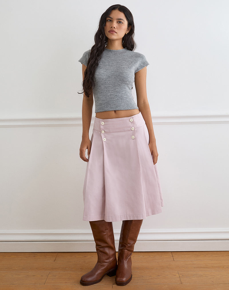 Babete Pleat Midi Skirt in Cotton Twill Soft Pink