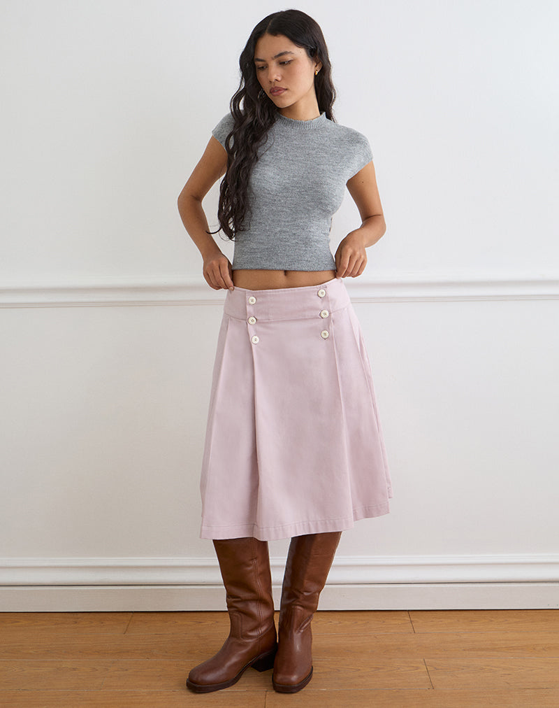 Babete Pleat Midi Skirt in Cotton Twill Soft Pink