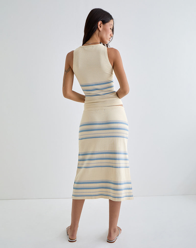 Amalia Midi Skirt in Cream with Blue and Grey Stripes
